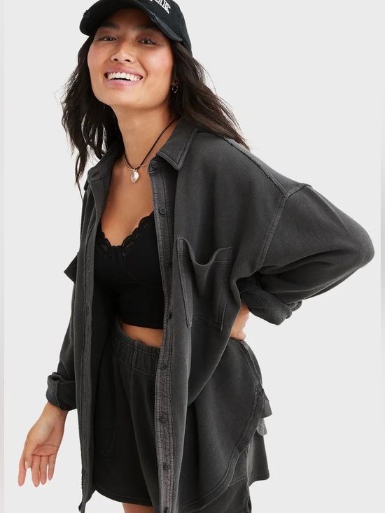 aerie Tops - Aerie Washed Charcoal Oversized Fleece Button Down Sweatshirt